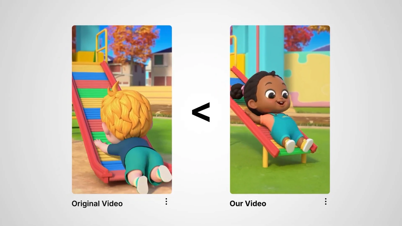 Frame from my video comparing two animated slide scenes: the original NuNu TV Short on the left, labelled Original Video, a less-than sign, and our version on the right, labelled Our Video