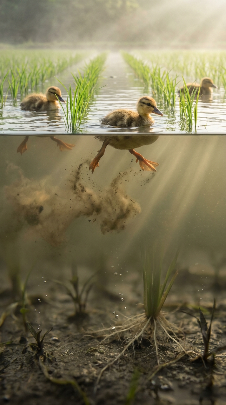 Split view of ducklings paddling on a rice paddy, mud stirred up under the water and rice roots below