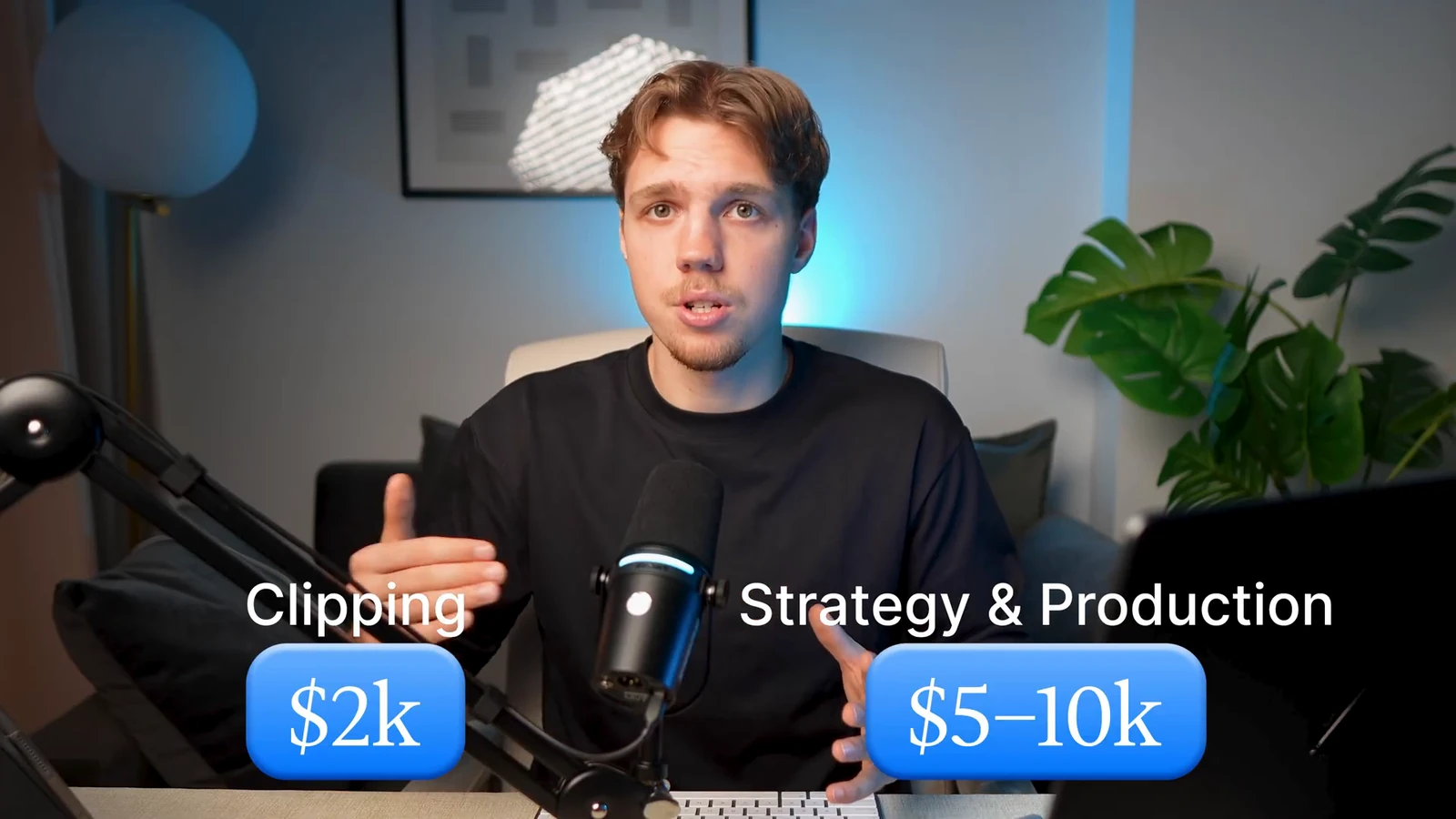 Artem at his desk with two price labels: Clipping $2k, and Strategy & Production $5–10k.