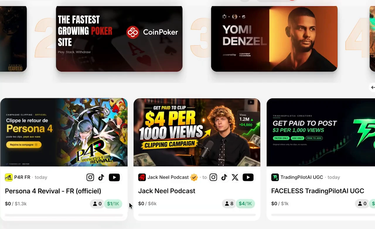 Content Rewards campaign grid. The Jack Neel Podcast card reads $0 of $6k paid out, 8 joined and $4 per 1,000 views, between a Persona 4 Revival campaign and a TradingPilotAI UGC campaign.