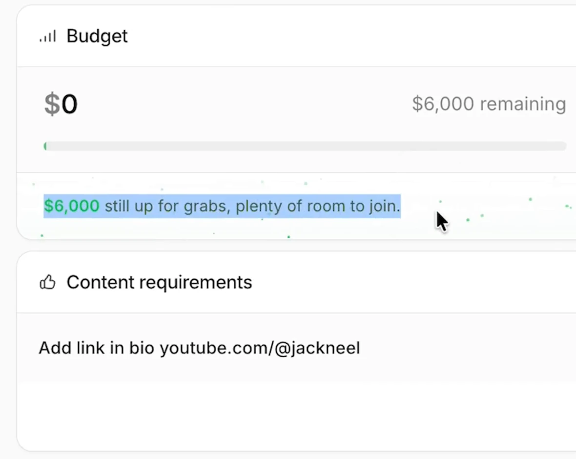 Jack Neel campaign detail: budget $0 with $6,000 remaining, and one content requirement, add link in bio youtube.com/@jackneel.
