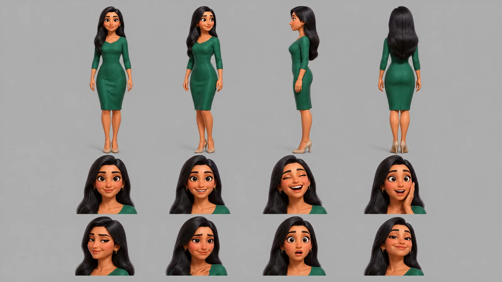 Character sheet of Anusha after: a fitted emerald dress, long dark hair worn down, four full-body turns and eight expressions on grey