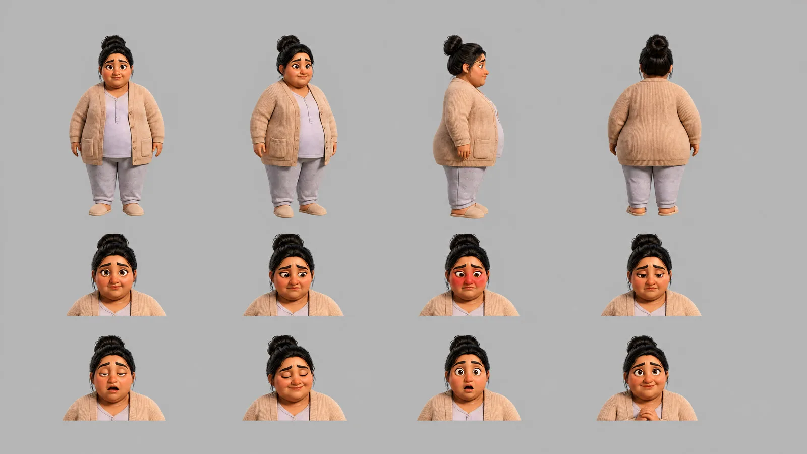 Character sheet of Anusha before: a heavier build, beige cardigan over a pale top, four full-body turns and eight expressions on grey