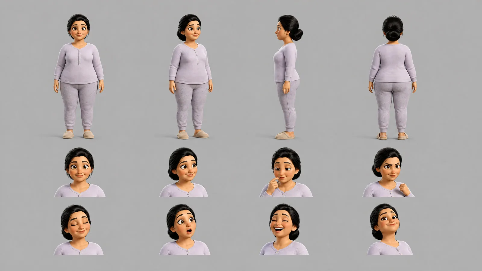 Character sheet of Anusha at week 3: slimmer, lavender pajamas, no cardigan, four full-body turns and eight expressions on grey