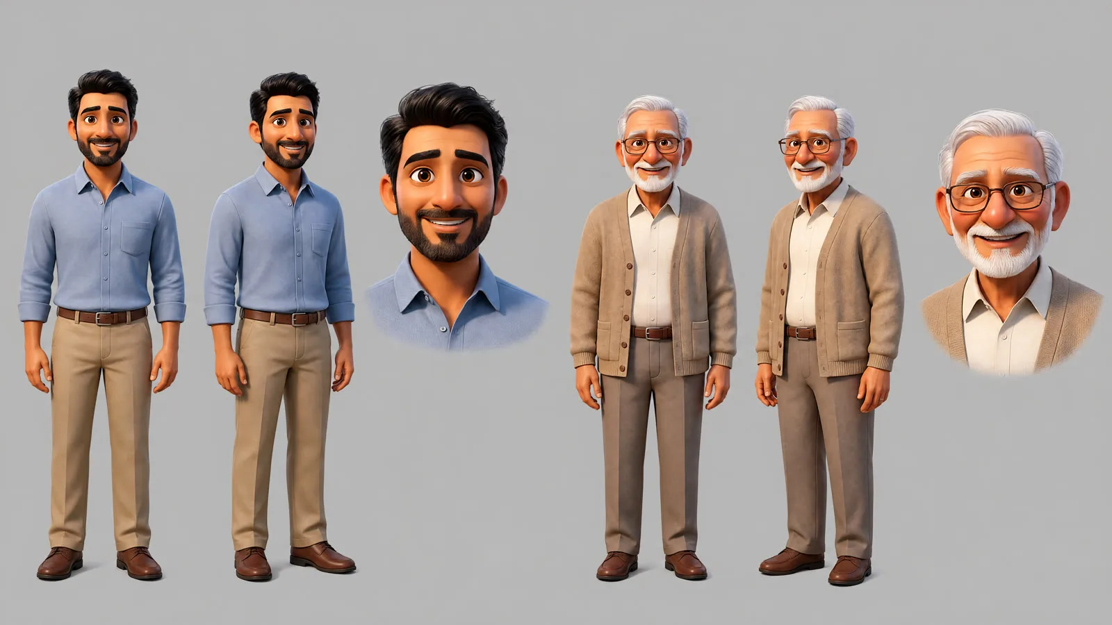 Character sheet of Anusha’s husband in a blue shirt and her grandfather with glasses and a beige cardigan