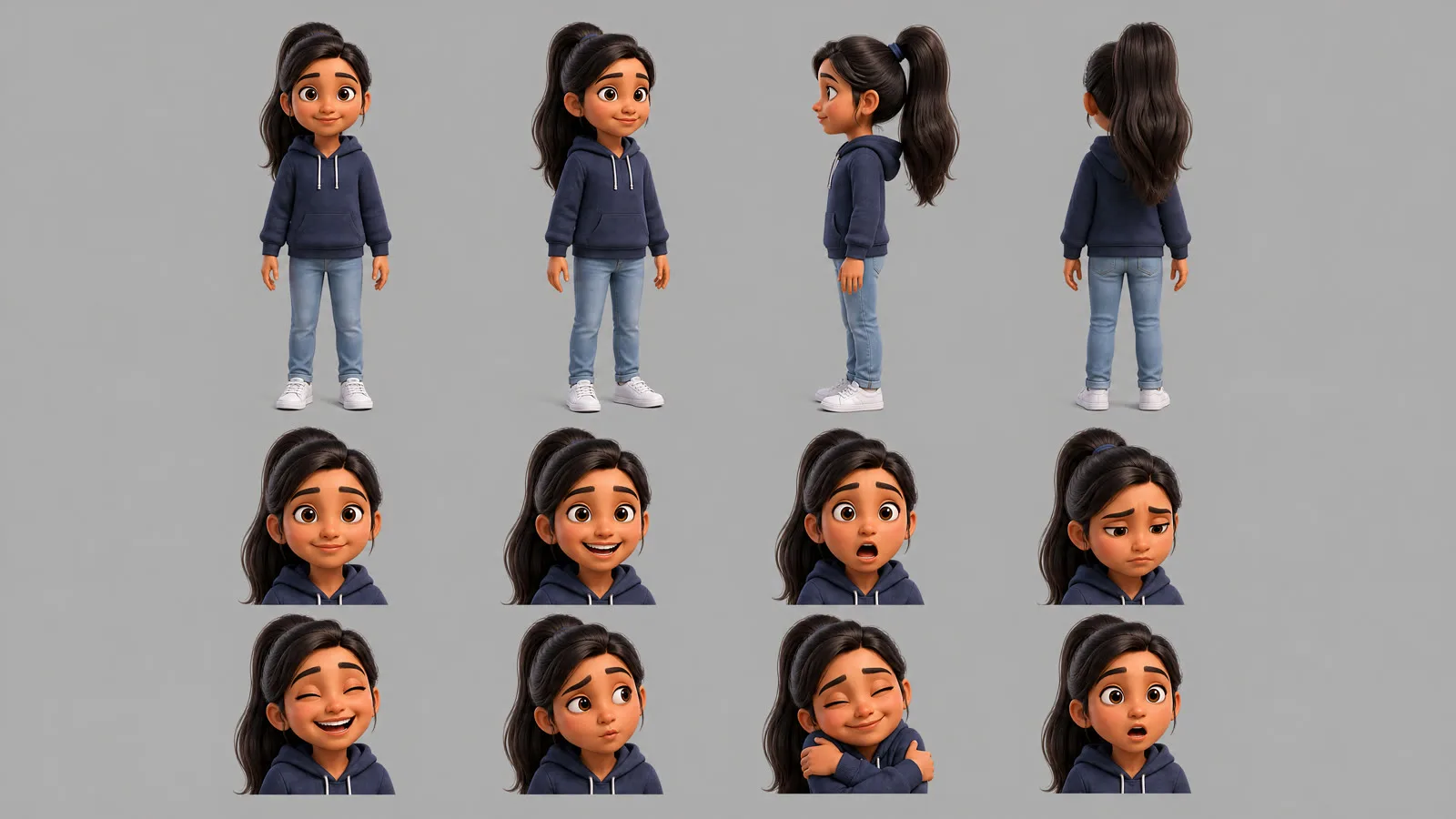 Character sheet of Anusha’s daughter in a navy hoodie and jeans, hair in a ponytail, four full-body turns and eight expressions