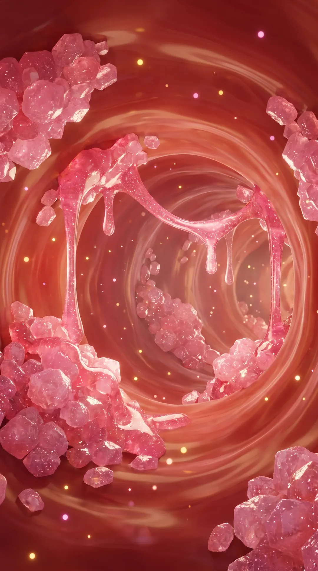 Empty 3D view down a red tunnel lined with clusters of pink sugar crystals