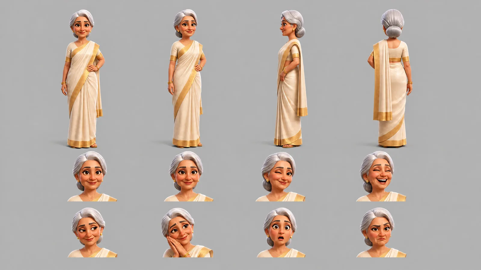 Character sheet of Anusha’s mother in a cream saree with a gold border, silver hair in a bun, four full-body turns and eight expressions