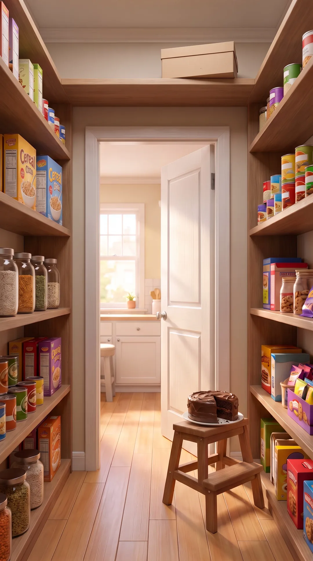 Empty 3D pantry with stocked wooden shelves, an open door into a bright kitchen, and a chocolate cake on a step stool