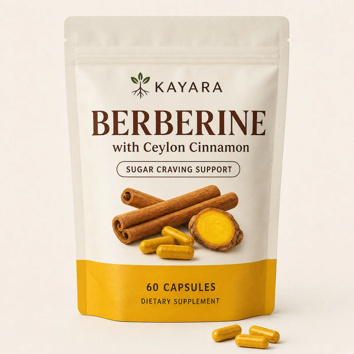 White pouch with a yellow band, labeled Kayara Berberine with Ceylon Cinnamon, sugar craving support, 60 capsules, with cinnamon sticks, turmeric, and yellow capsules