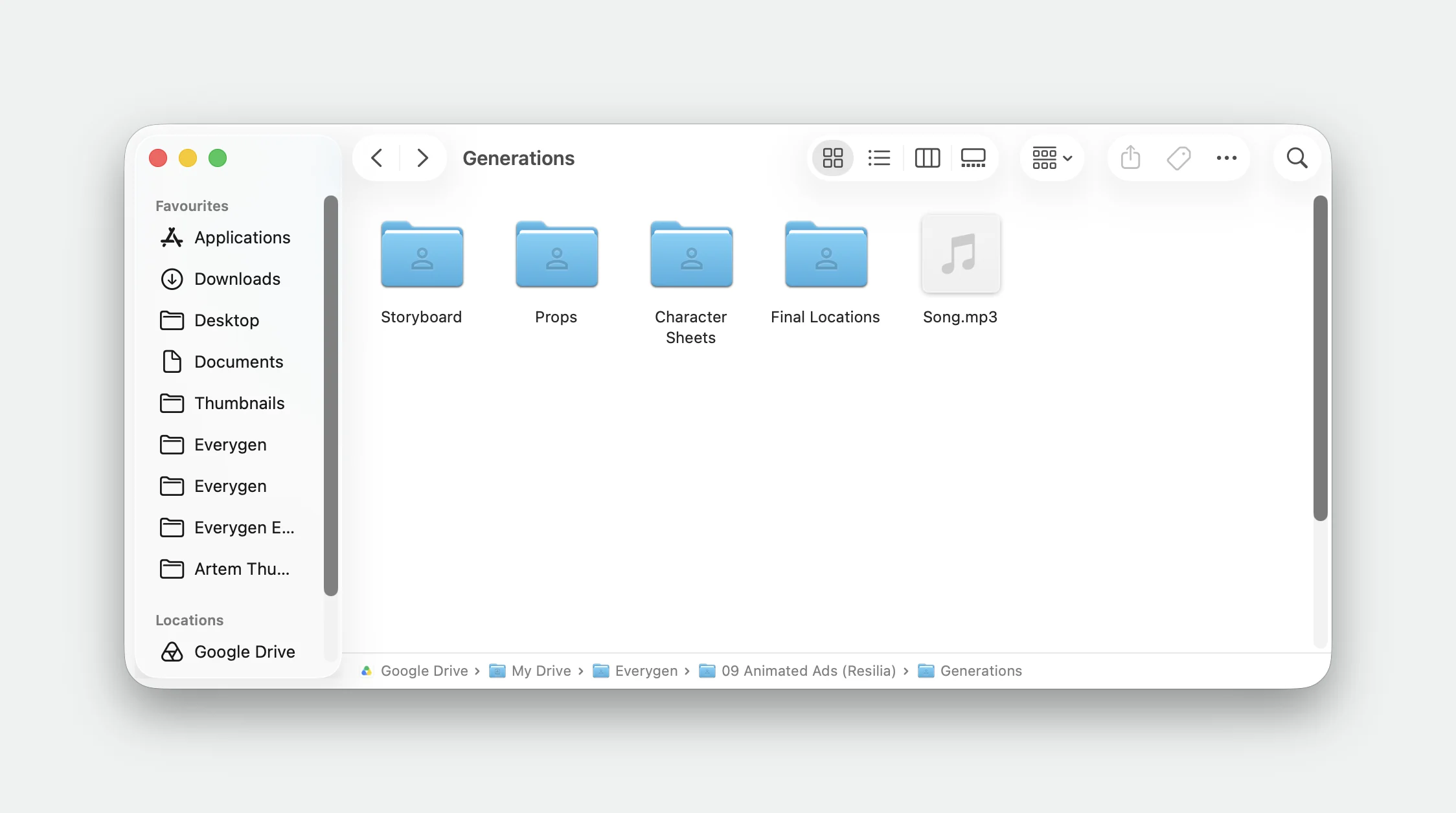 Finder window titled Generations, with folders Storyboard, Props, Character Sheets, Final Locations, and a file named Song.mp3