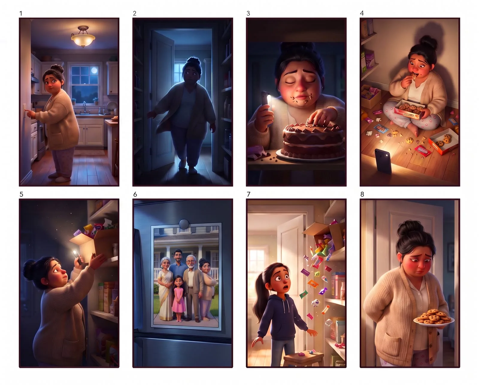 Storyboard sheet of eight frames: Anusha at night in a kitchen and pantry, eating cake and cookies, and her daughter finding the wrappers