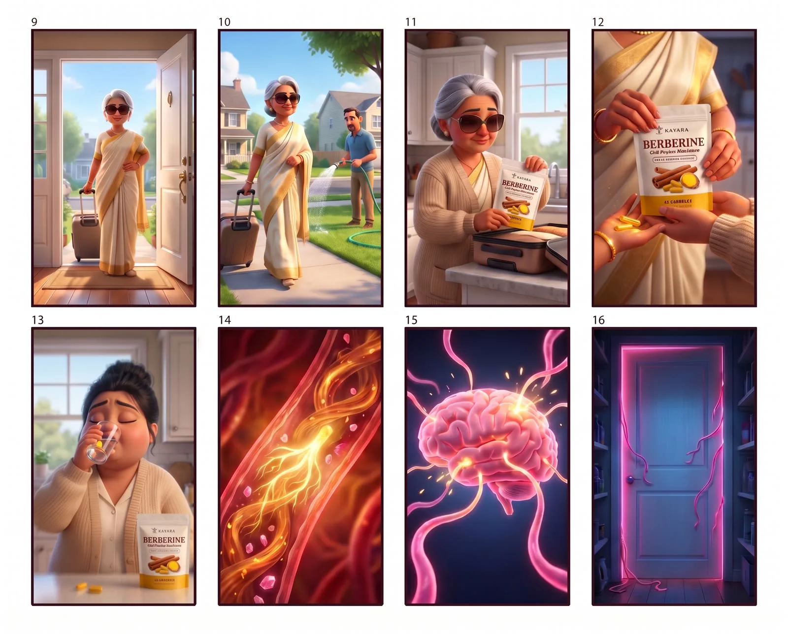 Storyboard sheet of eight frames: Anusha’s mother in sunglasses with a suitcase, a neighbor with a garden hose, the Kayara pouch, a glowing vein and a brain, and a pink pantry door