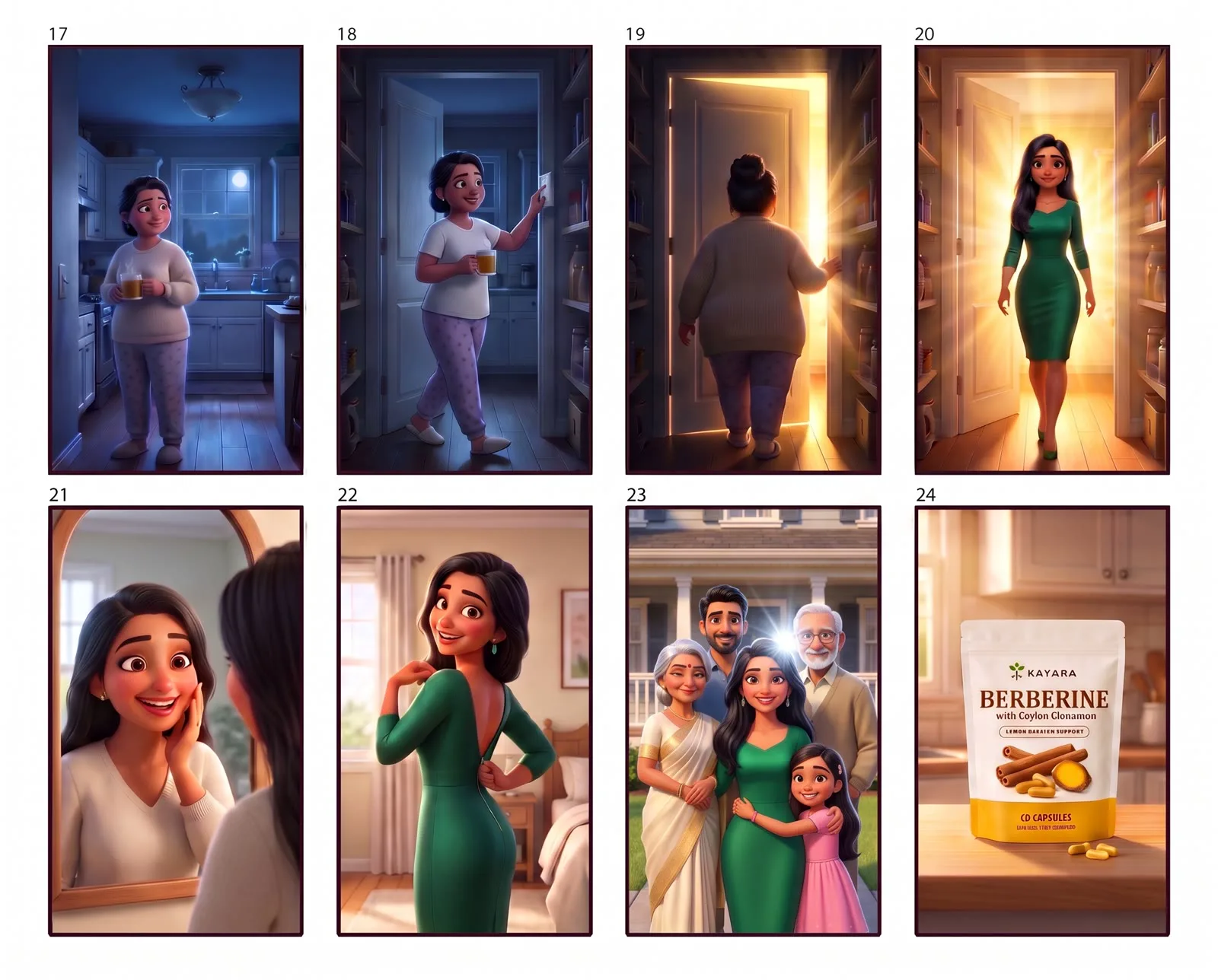 Storyboard sheet of eight frames: Anusha walking past the pantry, the door closing, and her coming out in a green dress for a family photo