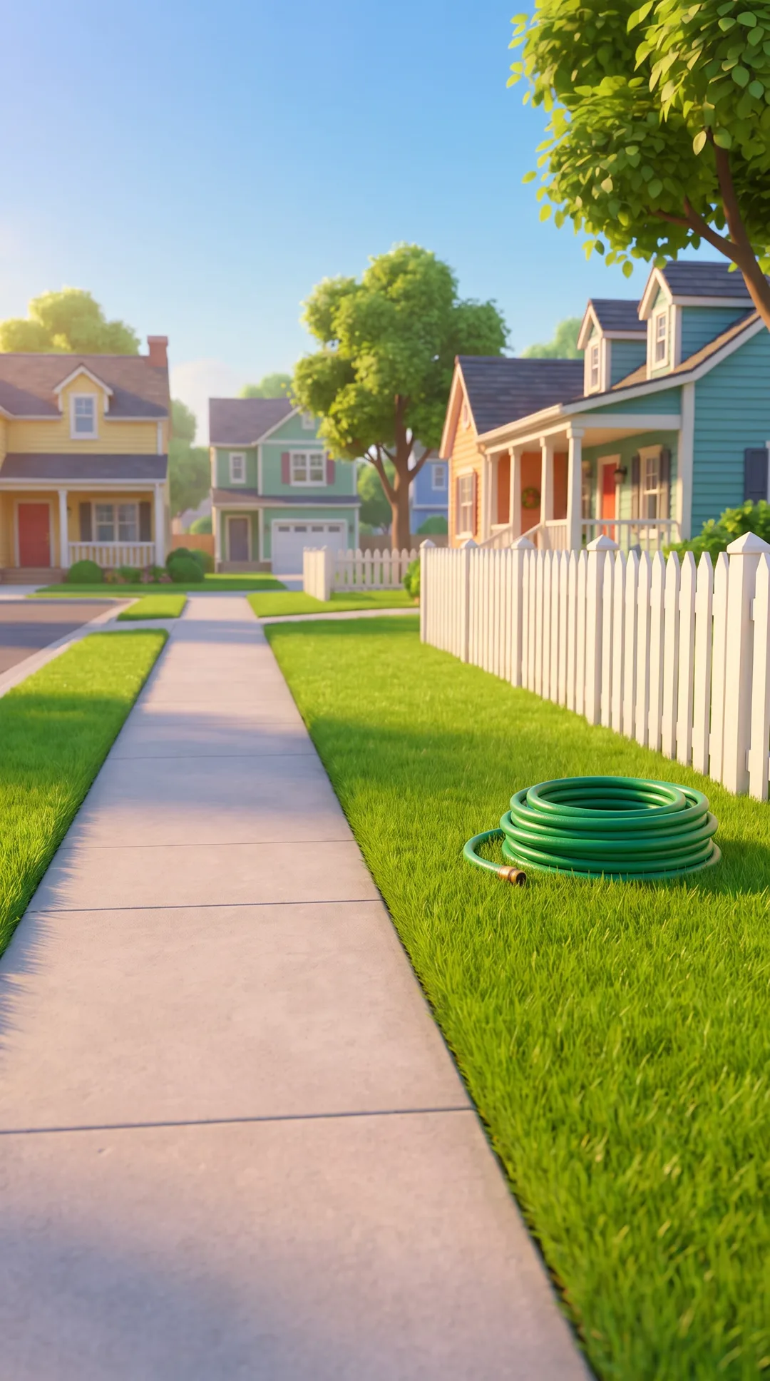 Empty 3D suburban sidewalk with pastel houses, a white picket fence, and a coiled green garden hose