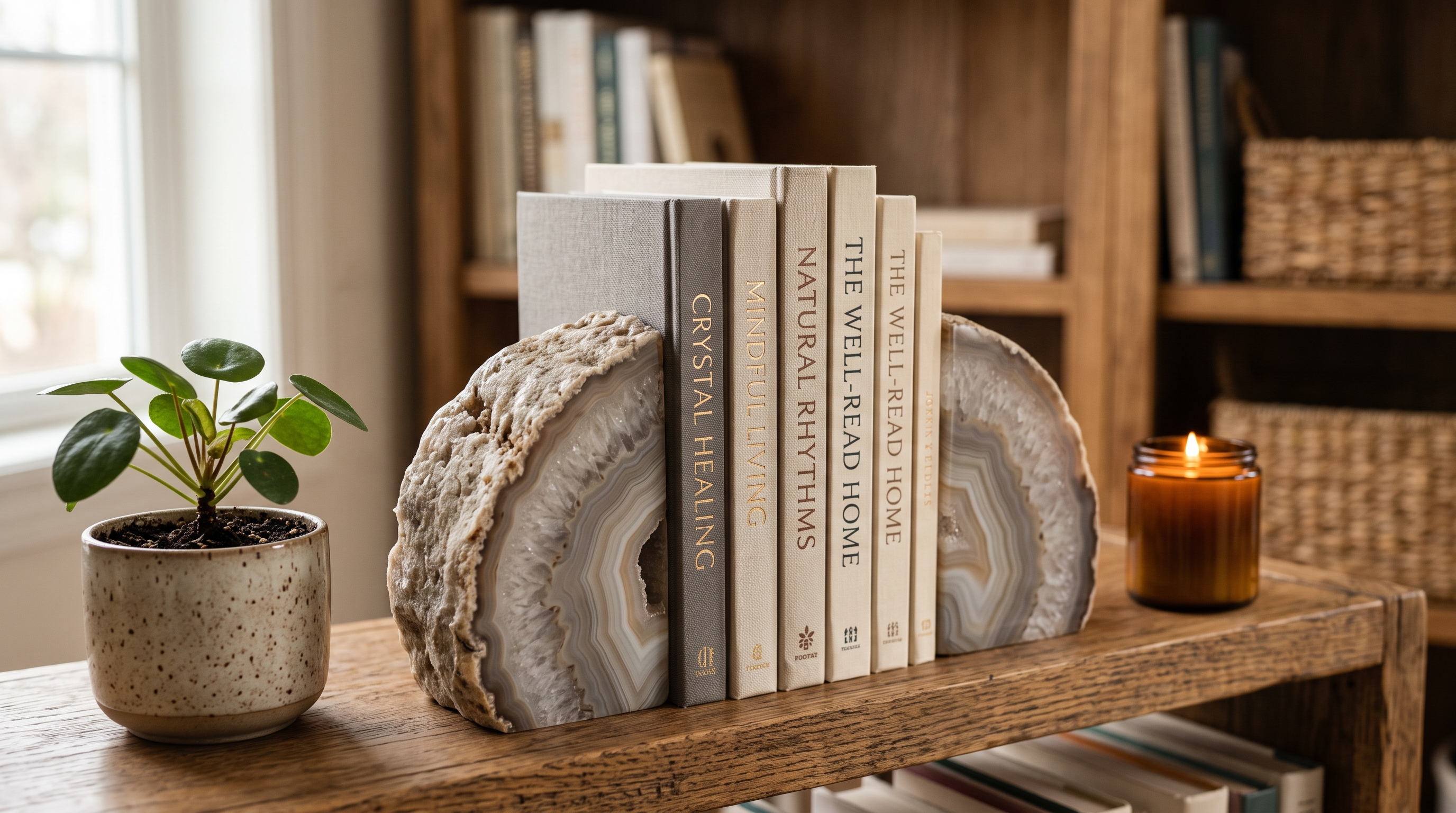 Natural agate bookends styled on a wooden bookshelf with books, a plant and a candle