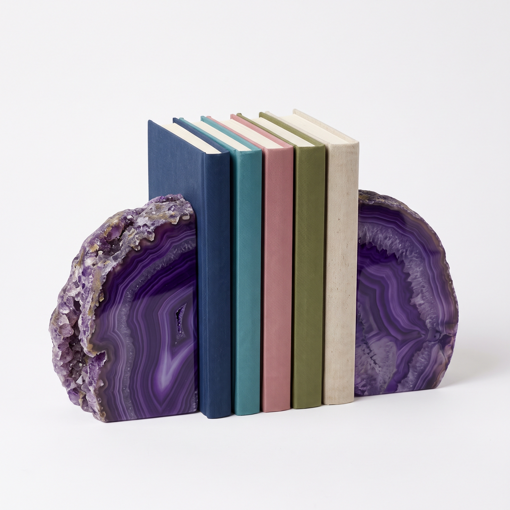 Purple agate bookends, vivid violet banded stone pair