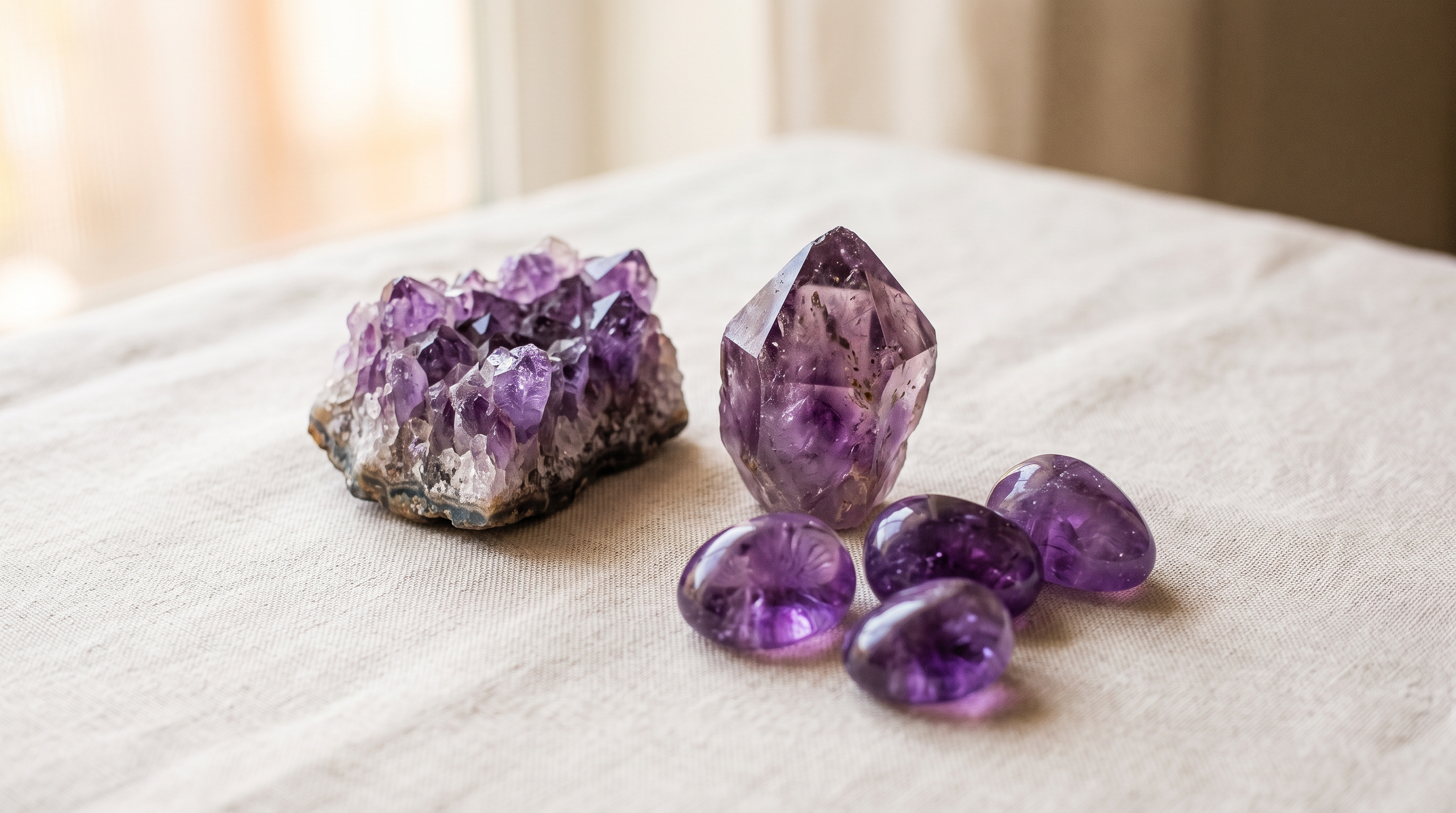 Natural amethyst cluster, point and tumbled stones from Holy Trinity Mind Body Soul
