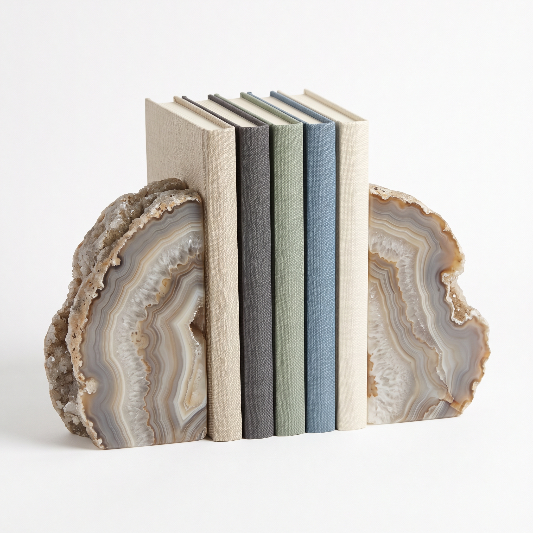 Natural agate bookends, grey, cream and brown banded stone pair