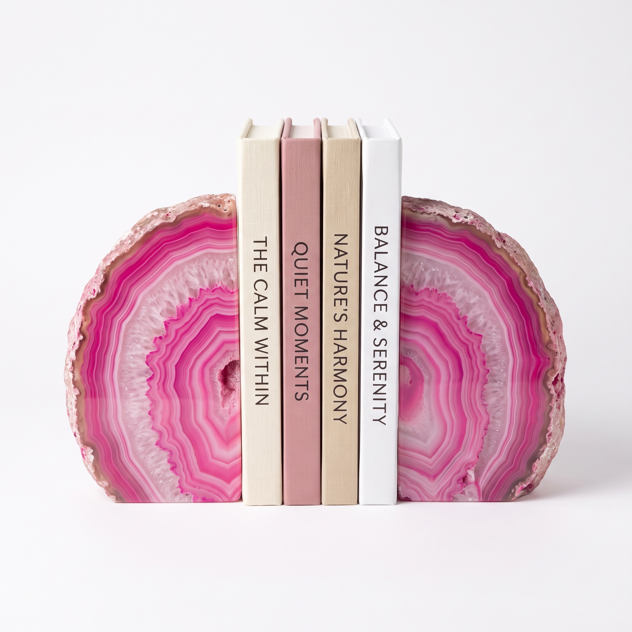 Pink agate bookends, vivid pink banded stone pair