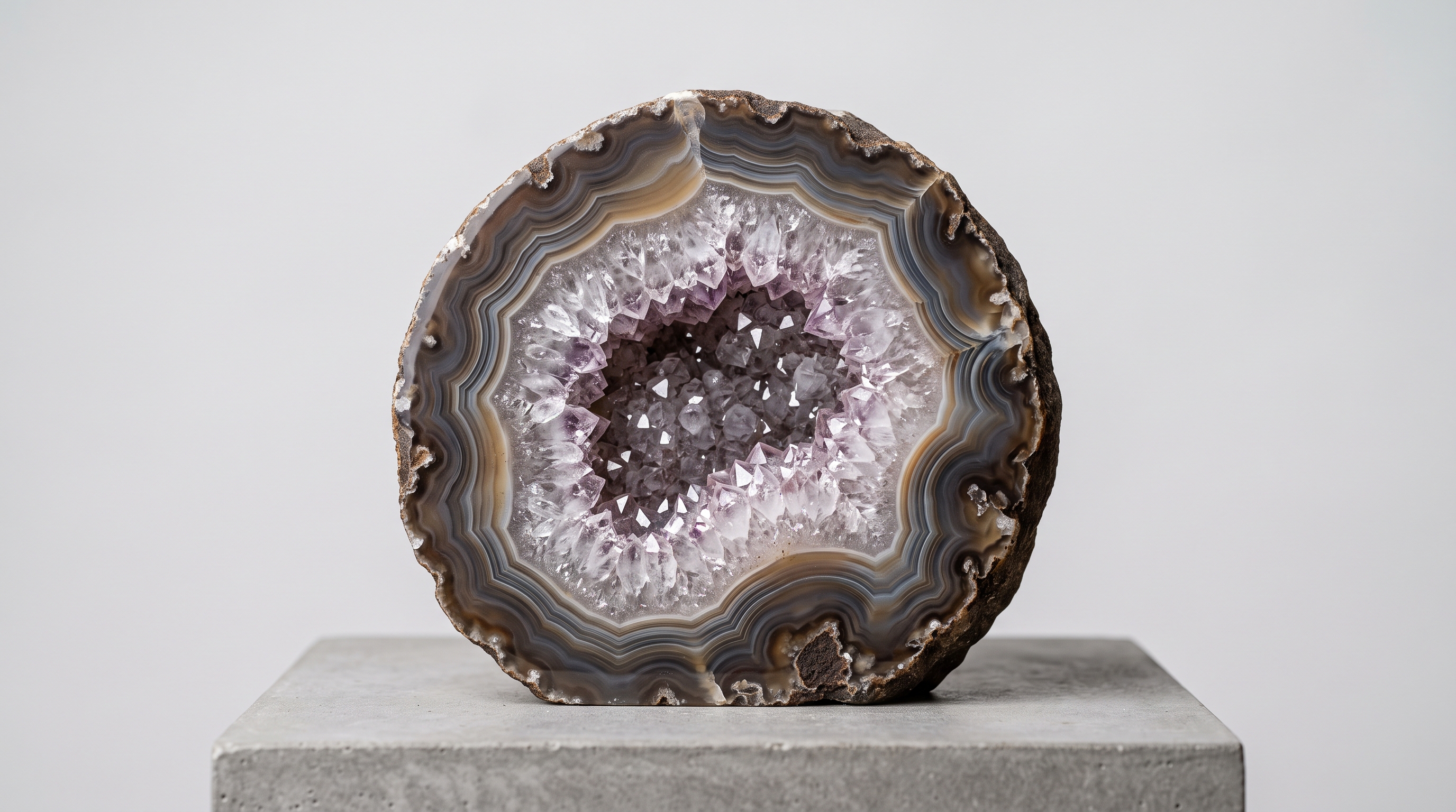 Polished agate geode slice showing a crystal lined cavity surrounded by natural banding