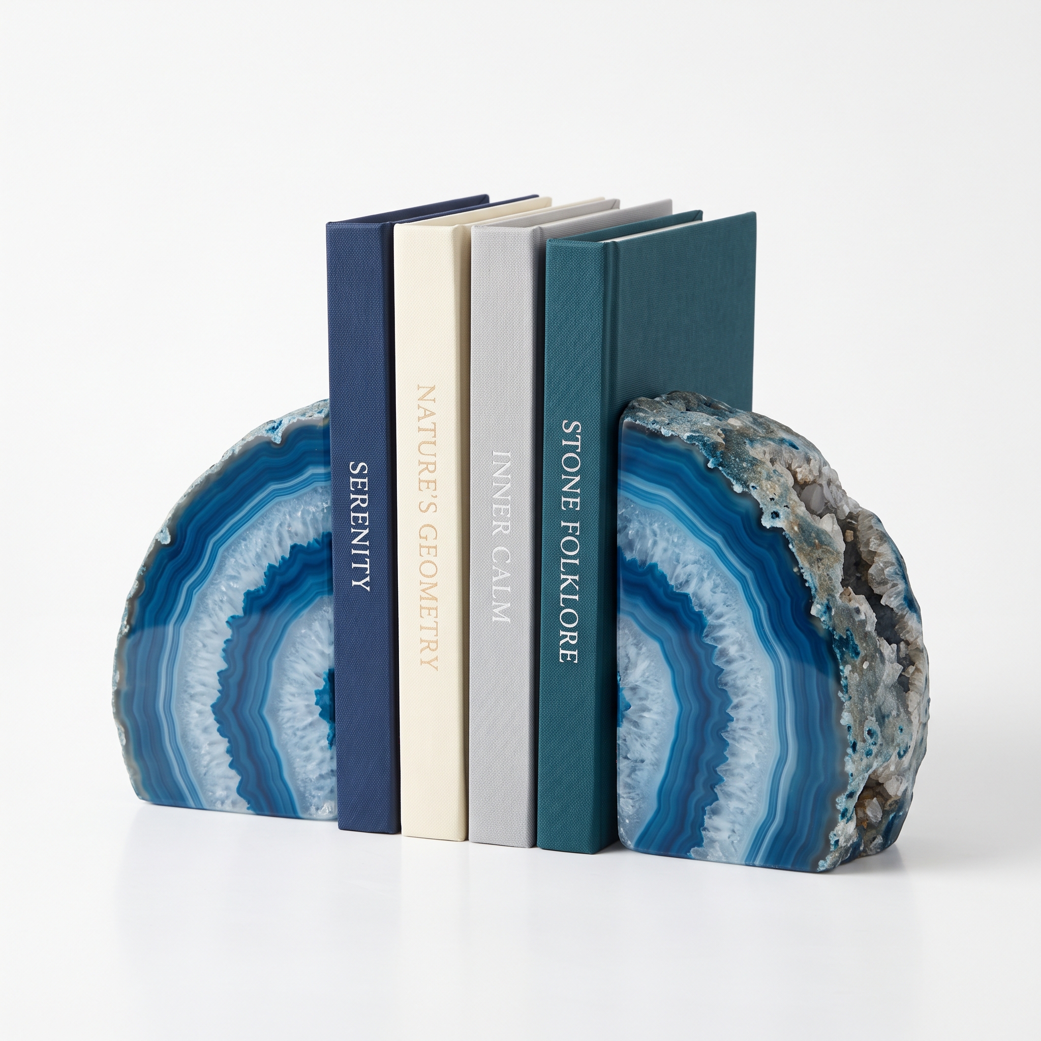Blue agate bookends, vivid blue banded stone pair