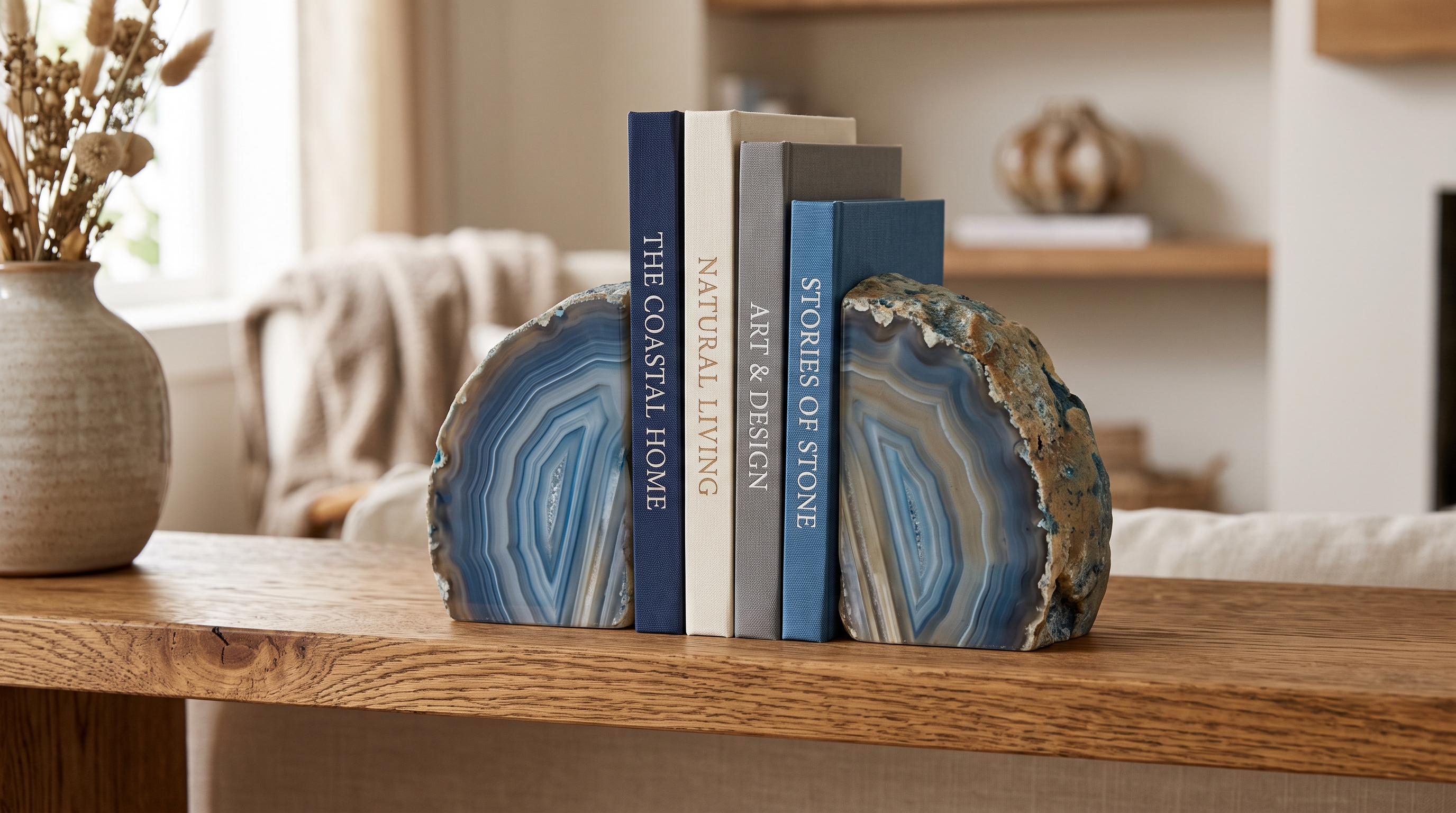Natural and blue agate bookends styled on a wooden shelf with books